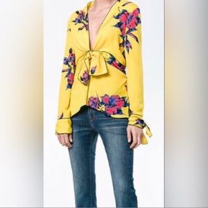 Proenza Schouler Yellow Silk Floral Print Blouse with Tie Front, Size 6